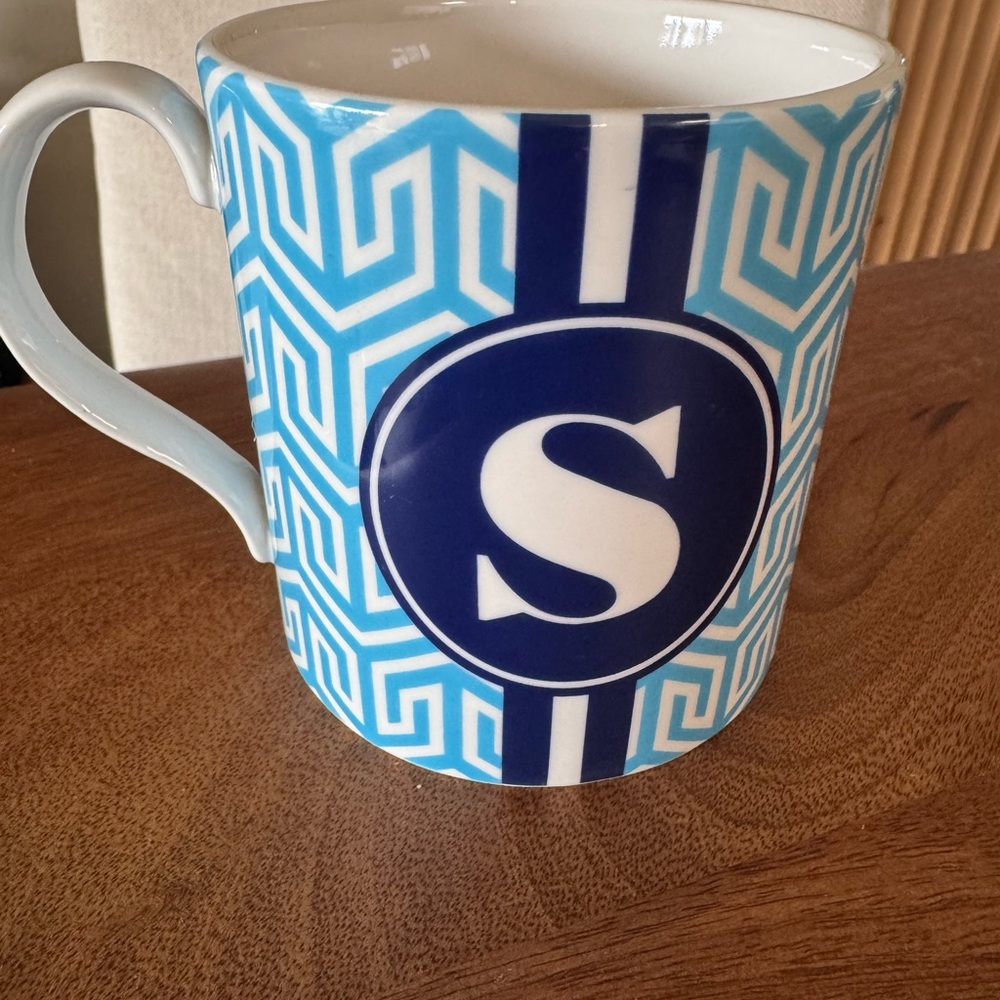 Jonathan Adler Blue and White Geometric Monogram Mug letter “S”